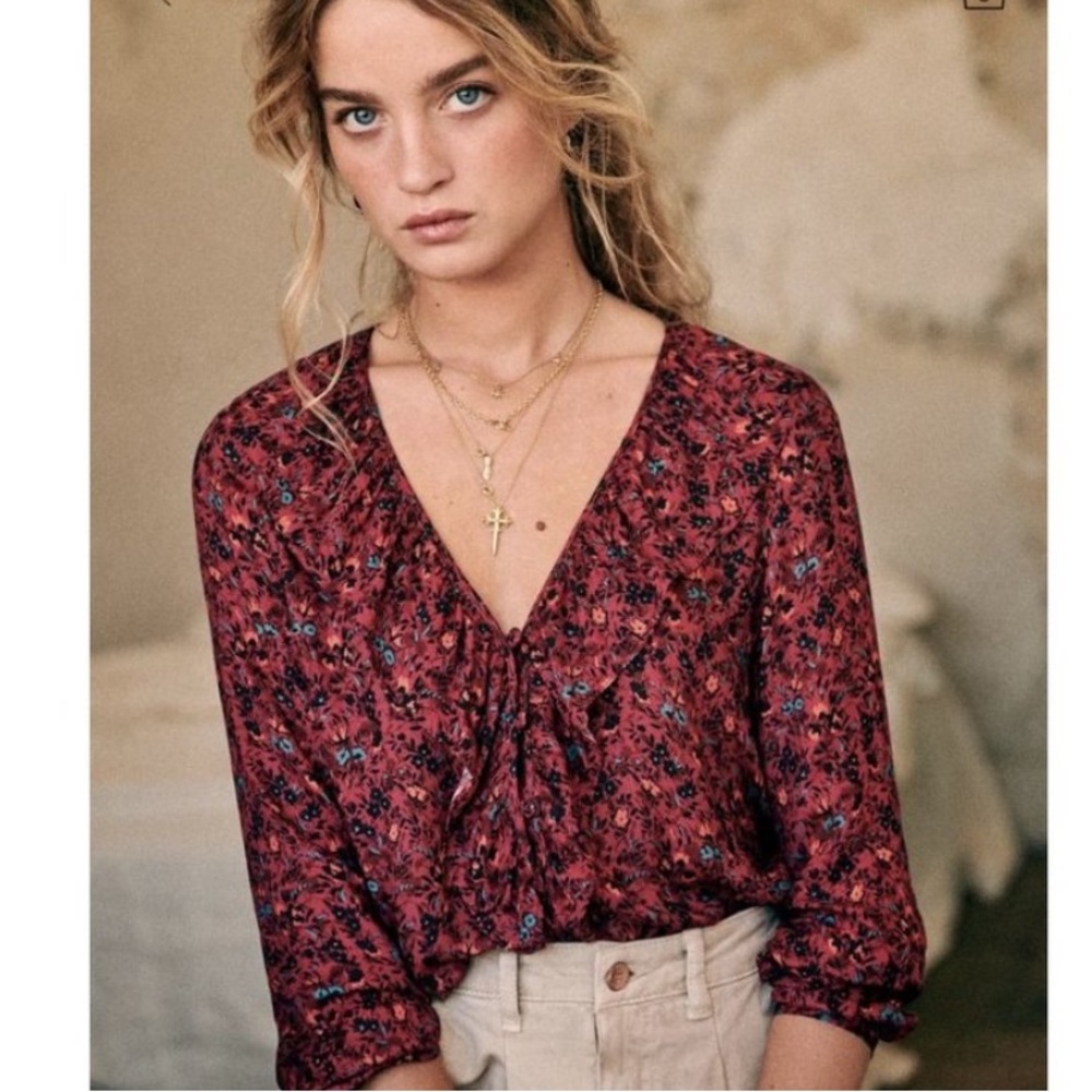 Sezane Priscille Blouse Burgundy Red Floral Ruffled Top 100% Viscose Size 4 US36